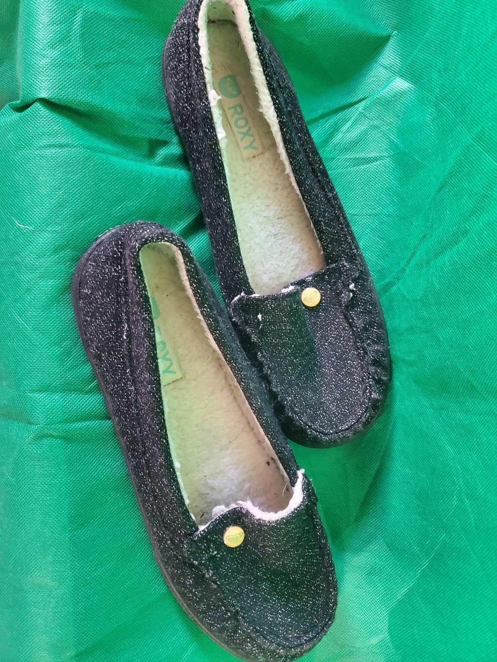 Roxy Black Speckled Slip-On Loafers with Gold Button